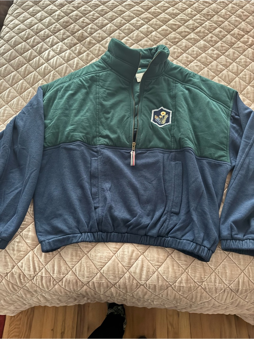 Pilcro Green and Navy Half-Zip Pullover Sweatshirt with Embroidered Patch, Large - Picture 2 of 10